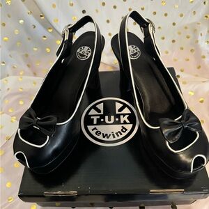 TUK peep toe, sling back heels